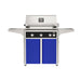 American Outdoor Grill 30" L-Series Portable Gas Grill with black accent panel and blue accent panel cart base, large analog thermometer and push-button electronic ignition with backlit comfort-touch control knobs.
