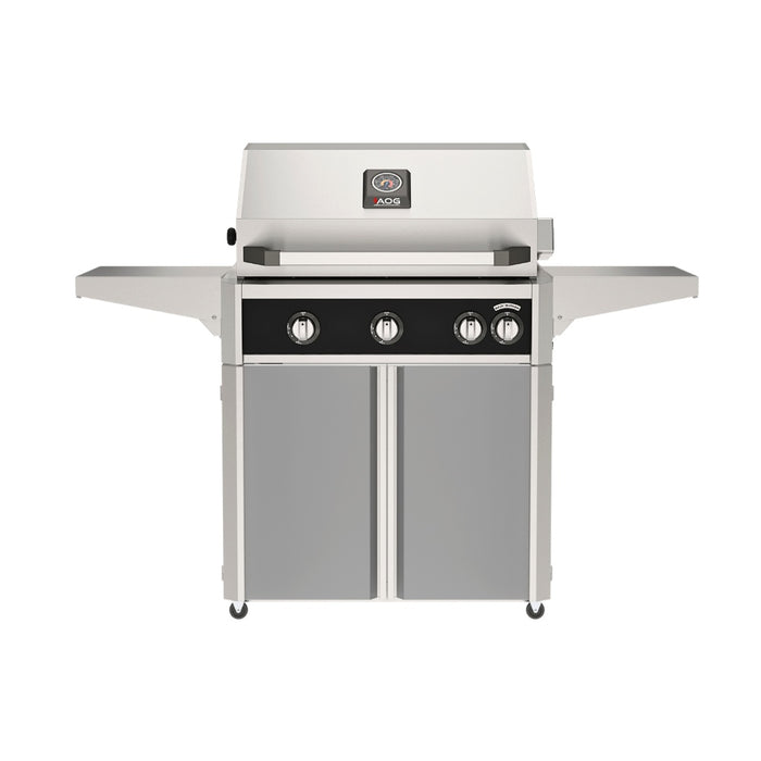 American Outdoor Grill 30" L-Series Portable Gas Grill with black accent and gray accent panel cart base, large analog thermometer and push-button electronic ignition with backlit comfort-touch control knobs.
