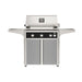 American Outdoor Grill 30" L-Series Portable Gas Grill with black accent and gray accent panel cart base, large analog thermometer and push-button electronic ignition with backlit comfort-touch control knobs.
