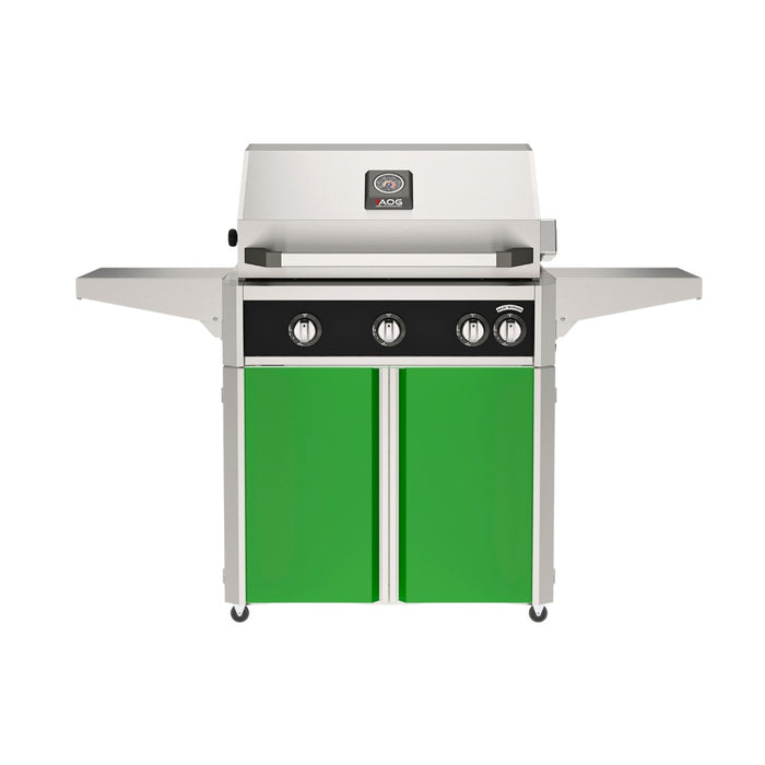 American Outdoor Grill 30" L-Series Portable Gas Grill with black accent and green accent panel cart base, large analog thermometer and push-button electronic ignition with backlit comfort-touch control knobs.
