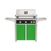 American Outdoor Grill 30" L-Series Portable Gas Grill with black accent and green accent panel cart base, large analog thermometer and push-button electronic ignition with backlit comfort-touch control knobs.
