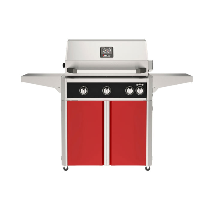 American Outdoor Grill 30" L-Series Portable Gas Grill with black accent and red accent panel cart base, large analog thermometer and push-button electronic ignition with backlit comfort-touch control knobs.
