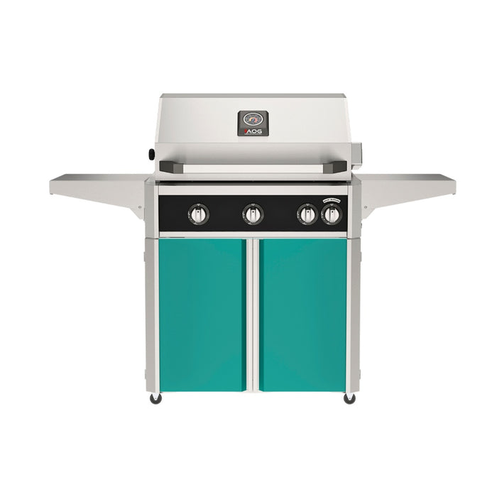 American Outdoor Grill 30" L-Series Portable Gas Grill with black accent panel and teal accent panel cart base, large analog thermometer and push-button electronic ignition with backlit comfort-touch control knobs.

