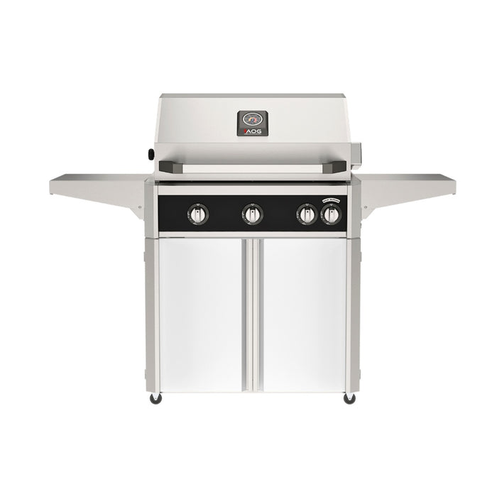 American Outdoor Grill 30" L-Series Portable Gas Grill with black accent and white accent panel cart base, large analog thermometer and push-button electronic ignition with backlit comfort-touch control knobs.
