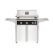American Outdoor Grill 30" L-Series Portable Gas Grill with black accent and white accent panel cart base, large analog thermometer and push-button electronic ignition with backlit comfort-touch control knobs.
