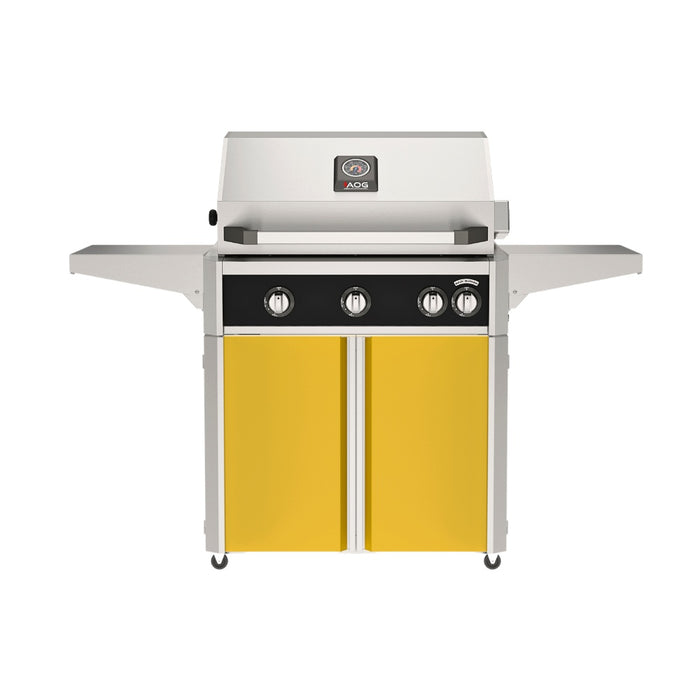 American Outdoor Grill 30" L-Series Portable Gas Grill with black accent and yellow accent panel cart base, large analog thermometer and push-button electronic ignition with backlit comfort-touch control knobs.
