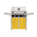 American Outdoor Grill 30" L-Series Portable Gas Grill with black accent and yellow accent panel cart base, large analog thermometer and push-button electronic ignition with backlit comfort-touch control knobs.
