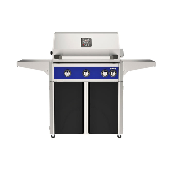 American Outdoor Grill 30" L-Series Portable Gas Grill with blue accent panel and black accent panel cart base, large analog thermometer and push-button electronic ignition with backlit comfort-touch control knobs.
