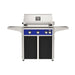 American Outdoor Grill 30" L-Series Portable Gas Grill with blue accent panel and black accent panel cart base, large analog thermometer and push-button electronic ignition with backlit comfort-touch control knobs.
