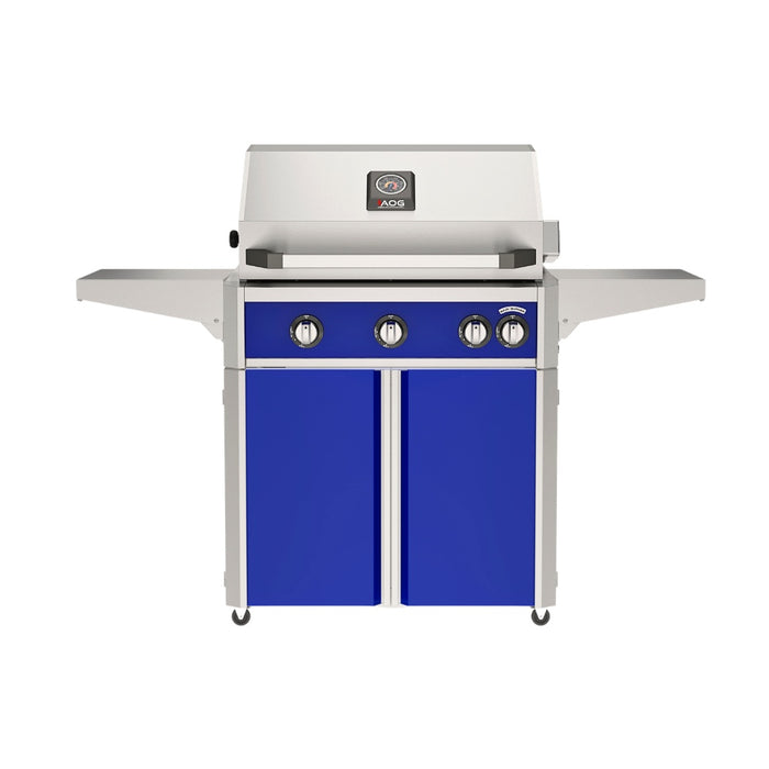 American Outdoor Grill 30" L-Series Portable Gas Grill with blue accent panel and blue accent panel cart base, large analog thermometer and push-button electronic ignition with backlit comfort-touch control knobs.
