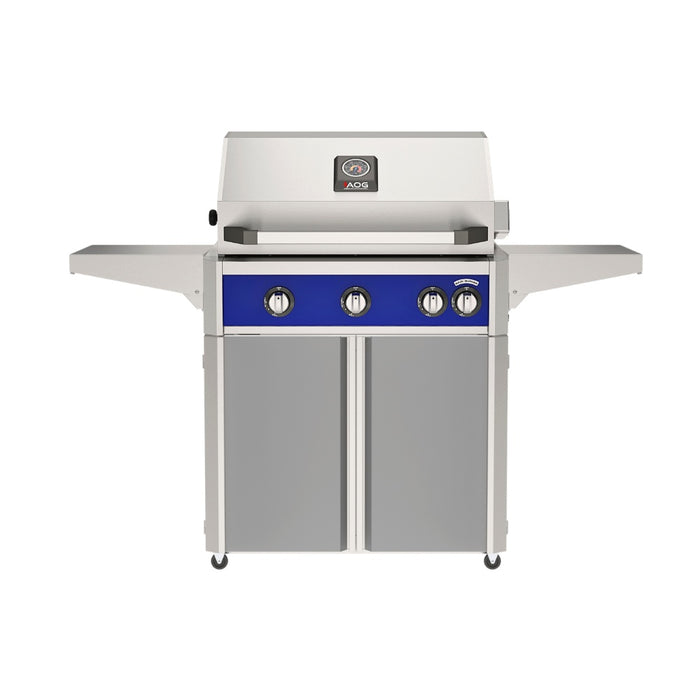 American Outdoor Grill 30" L-Series Portable Gas Grill with blue accent and gray accent panel cart base, large analog thermometer and push-button electronic ignition with backlit comfort-touch control knobs.
