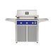 American Outdoor Grill 30" L-Series Portable Gas Grill with blue accent and gray accent panel cart base, large analog thermometer and push-button electronic ignition with backlit comfort-touch control knobs.
