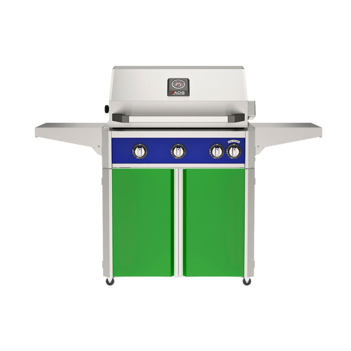 American Outdoor Grill 30" L-Series Portable Gas Grill with blue accent and green accent panel cart base, large analog thermometer and push-button electronic ignition with backlit comfort-touch control knobs.
