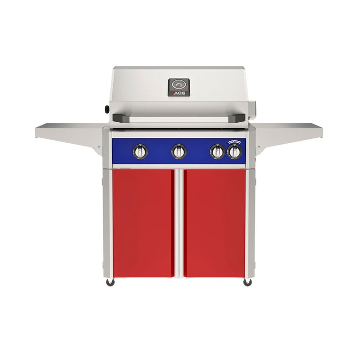 American Outdoor Grill 30" L-Series Portable Gas Grill with blue accent and red accent panel cart base, large analog thermometer and push-button electronic ignition with backlit comfort-touch control knobs.
