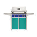 American Outdoor Grill 30" L-Series Portable Gas Grill with blue accent panel and teal accent panel cart base, large analog thermometer and push-button electronic ignition with backlit comfort-touch control knobs.
