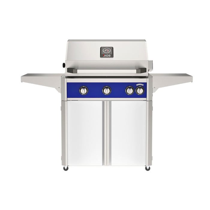 American Outdoor Grill 30" L-Series Portable Gas Grill with blue accent and white accent panel cart base, large analog thermometer and push-button electronic ignition with backlit comfort-touch control knobs.
