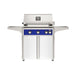 American Outdoor Grill 30" L-Series Portable Gas Grill with blue accent and white accent panel cart base, large analog thermometer and push-button electronic ignition with backlit comfort-touch control knobs.
