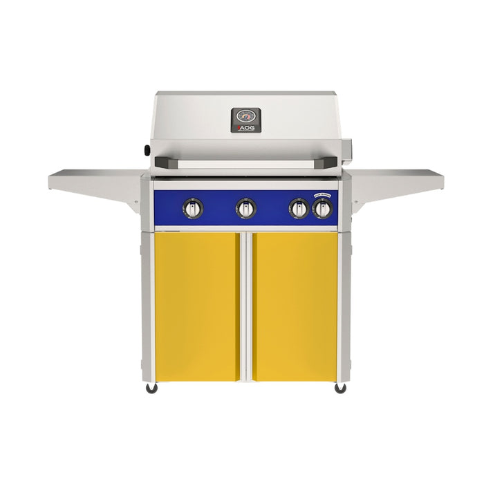 American Outdoor Grill 30" L-Series Portable Gas Grill with blue accent and yellow accent panel cart base, large analog thermometer and push-button electronic ignition with backlit comfort-touch control knobs.
