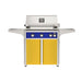 American Outdoor Grill 30" L-Series Portable Gas Grill with blue accent and yellow accent panel cart base, large analog thermometer and push-button electronic ignition with backlit comfort-touch control knobs.
