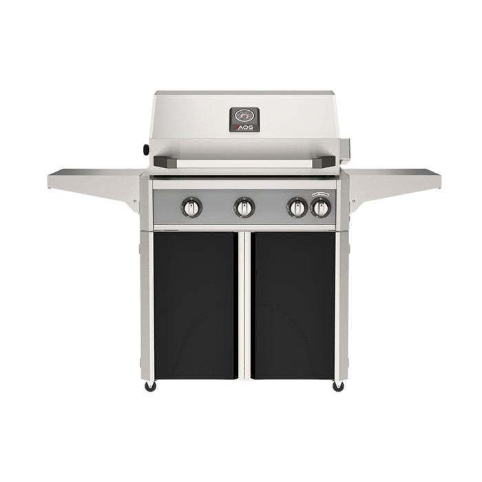 American Outdoor Grill 30" L-Series Portable Gas Grill with gray accent panel and black accent panel cart base, large analog thermometer and push-button electronic ignition with backlit comfort-touch control knobs.
