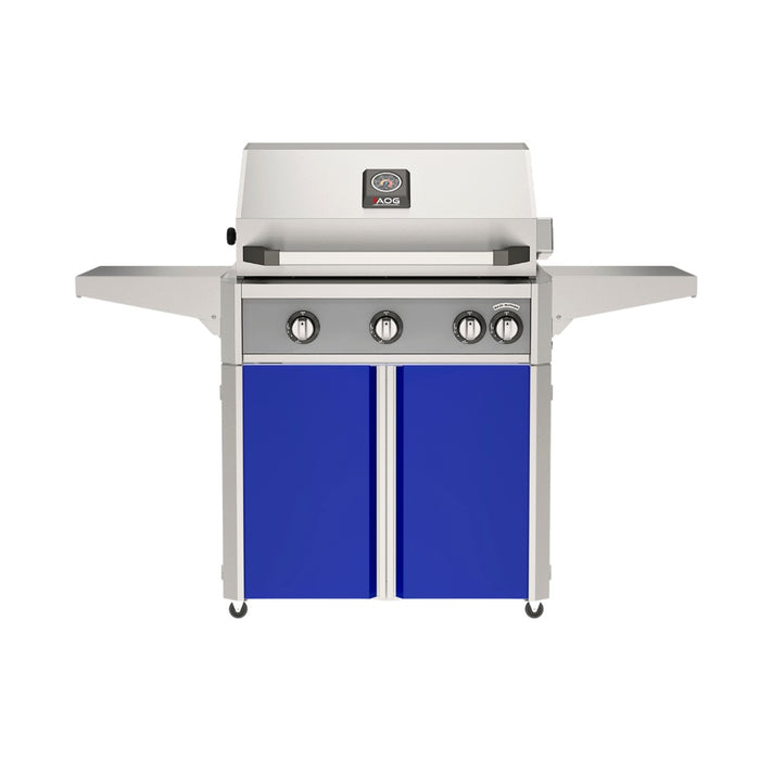 American Outdoor Grill 30" L-Series Portable Gas Grill with gray accent panel and blue accent panel cart base, large analog thermometer and push-button electronic ignition with backlit comfort-touch control knobs.
