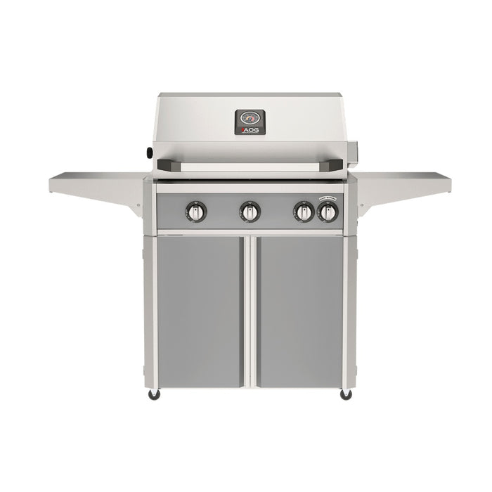 American Outdoor Grill 30" L-Series Portable Gas Grill with gray accent and gray accent panel cart base, large analog thermometer and push-button electronic ignition with backlit comfort-touch control knobs.

