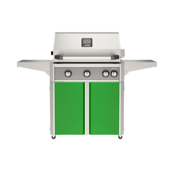 American Outdoor Grill 30" L-Series Portable Gas Grill with gray accent and green accent panel cart base, large analog thermometer and push-button electronic ignition with backlit comfort-touch control knobs.
