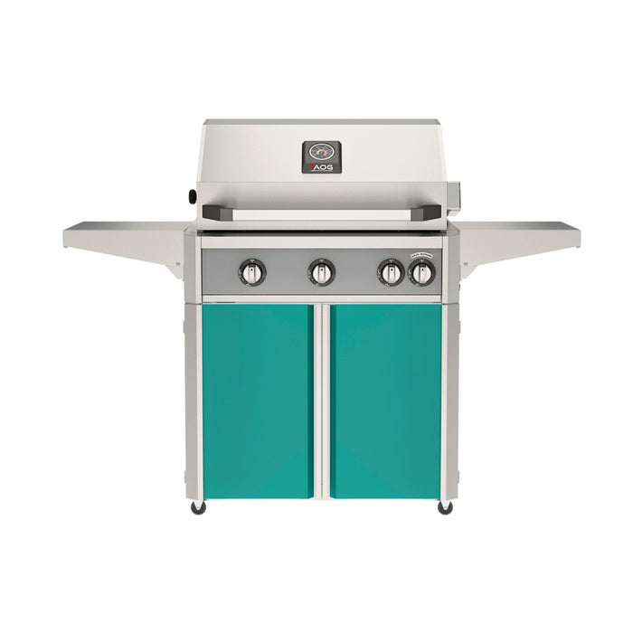 American Outdoor Grill 30" L-Series Portable Gas Grill with gray accent panel and teal accent panel cart base, large analog thermometer and push-button electronic ignition with backlit comfort-touch control knobs.
