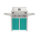 American Outdoor Grill 30" L-Series Portable Gas Grill with gray accent panel and teal accent panel cart base, large analog thermometer and push-button electronic ignition with backlit comfort-touch control knobs.
