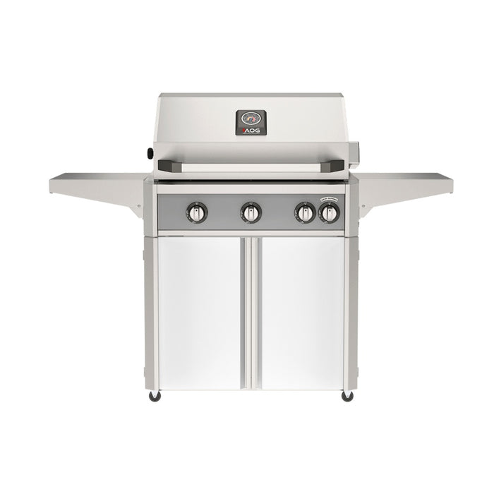 American Outdoor Grill 30" L-Series Portable Gas Grill with gray accent and white accent panel cart base, large analog thermometer and push-button electronic ignition with backlit comfort-touch control knobs.
