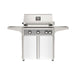 American Outdoor Grill 30" L-Series Portable Gas Grill with gray accent and white accent panel cart base, large analog thermometer and push-button electronic ignition with backlit comfort-touch control knobs.
