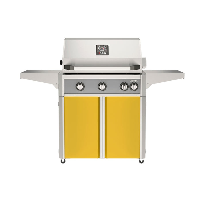 American Outdoor Grill 30" L-Series Portable Gas Grill with gray accent and yellow accent panel cart base, large analog thermometer and push-button electronic ignition with backlit comfort-touch control knobs.
