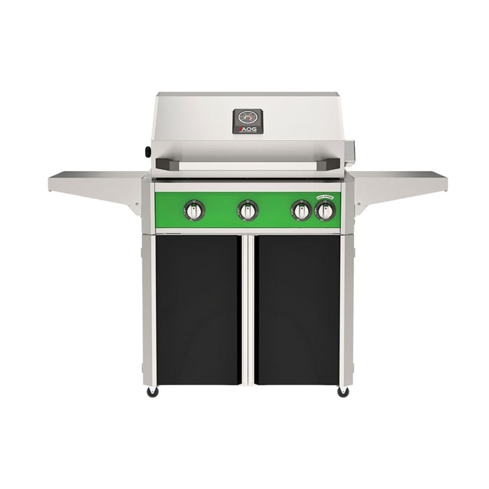 American Outdoor Grill 30" L-Series Portable Gas Grill with green accent panel and black accent panel cart base, large analog thermometer and push-button electronic ignition with backlit comfort-touch control knobs.
