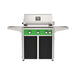 American Outdoor Grill 30" L-Series Portable Gas Grill with green accent panel and black accent panel cart base, large analog thermometer and push-button electronic ignition with backlit comfort-touch control knobs.
