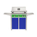 American Outdoor Grill 30" L-Series Portable Gas Grill with green accent panel and blue accent panel cart base, large analog thermometer and push-button electronic ignition with backlit comfort-touch control knobs.
