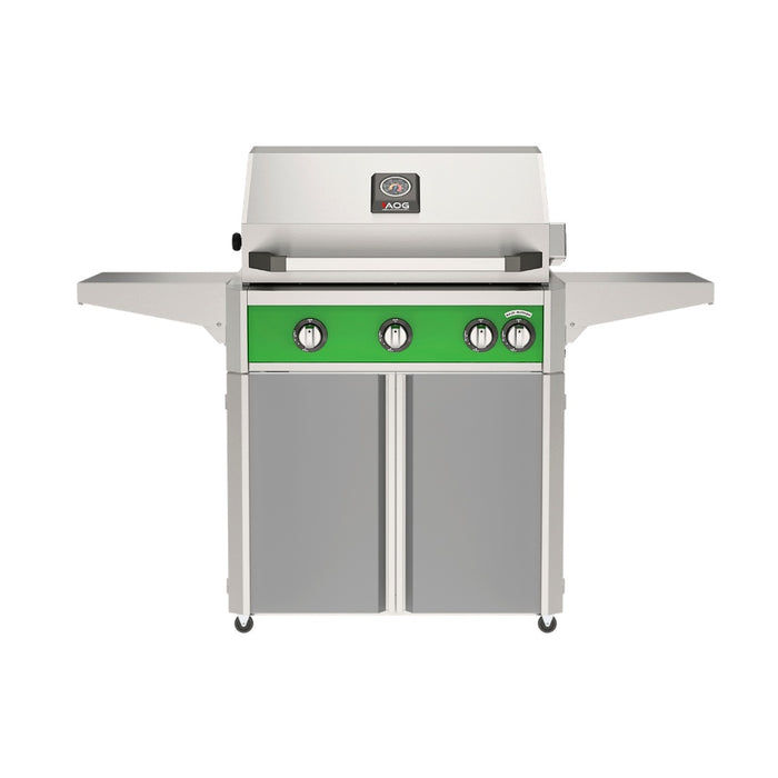 American Outdoor Grill 30" L-Series Portable Gas Grill with green accent and gray accent panel cart base, large analog thermometer and push-button electronic ignition with backlit comfort-touch control knobs.
