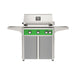 American Outdoor Grill 30" L-Series Portable Gas Grill with green accent and gray accent panel cart base, large analog thermometer and push-button electronic ignition with backlit comfort-touch control knobs.

