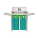 American Outdoor Grill 30" L-Series Portable Gas Grill with green accent panel and teal accent panel cart base, large analog thermometer and push-button electronic ignition with backlit comfort-touch control knobs.