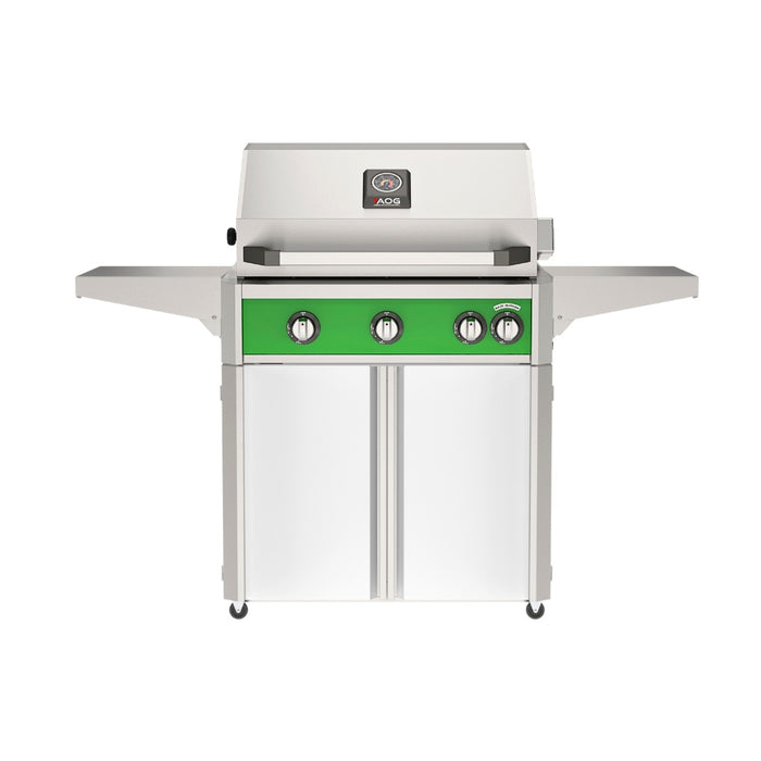 American Outdoor Grill 30" L-Series Portable Gas Grill with green accent and white accent panel cart base, large analog thermometer and push-button electronic ignition with backlit comfort-touch control knobs.
