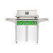 American Outdoor Grill 30" L-Series Portable Gas Grill with green accent and white accent panel cart base, large analog thermometer and push-button electronic ignition with backlit comfort-touch control knobs.

