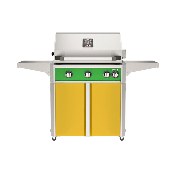 American Outdoor Grill 30" L-Series Portable Gas Grill with green accent and yellow accent panel cart base, large analog thermometer and push-button electronic ignition with backlit comfort-touch control knobs.

