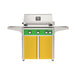 American Outdoor Grill 30" L-Series Portable Gas Grill with green accent and yellow accent panel cart base, large analog thermometer and push-button electronic ignition with backlit comfort-touch control knobs.

