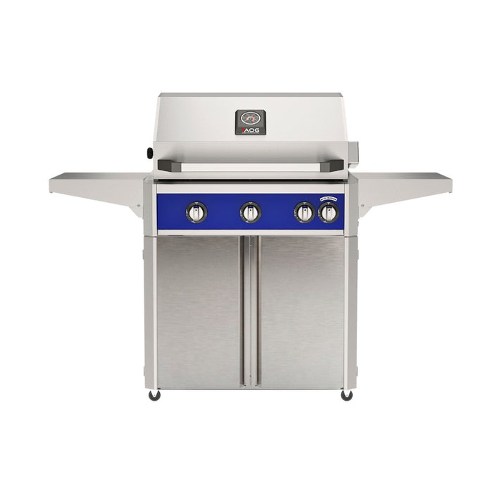 American Outdoor Grill 30" L-Series Portable Gas Grill in blue accent panel and cart base.
