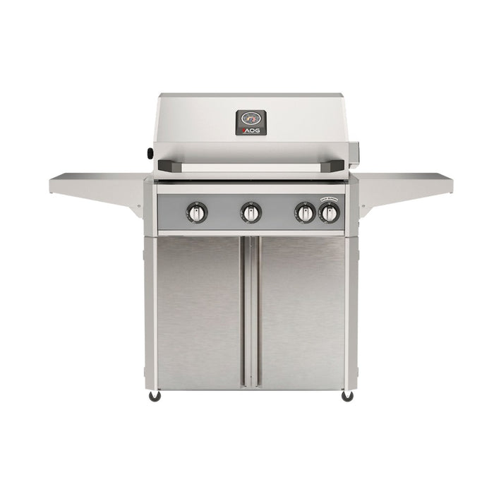American Outdoor Grill 30" L-Series Portable Gas Grill in gray accent panel and cart base.
