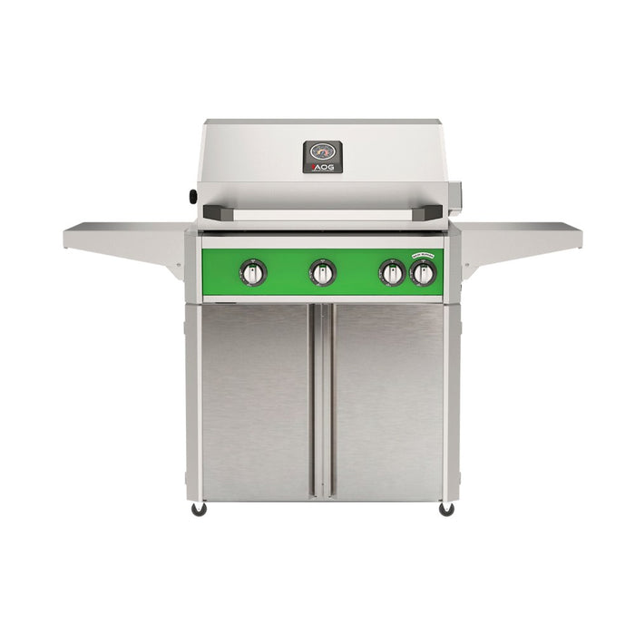 American Outdoor Grill 30" L-Series Portable Gas Grill in green accent panel and cart base.

