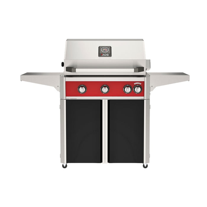 American Outdoor Grill 30" L-Series Portable Gas Grill with red accent panel and black accent panel cart base, large analog thermometer and push-button electronic ignition with backlit comfort-touch control knobs.
