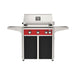 American Outdoor Grill 30" L-Series Portable Gas Grill with red accent panel and black accent panel cart base, large analog thermometer and push-button electronic ignition with backlit comfort-touch control knobs.
