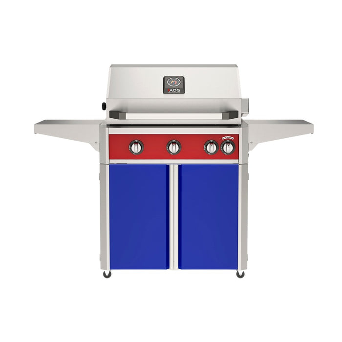 American Outdoor Grill 30" L-Series Portable Gas Grill with red accent panel and blue accent panel cart base, large analog thermometer and push-button electronic ignition with backlit comfort-touch control knobs.
