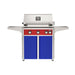 American Outdoor Grill 30" L-Series Portable Gas Grill with red accent panel and blue accent panel cart base, large analog thermometer and push-button electronic ignition with backlit comfort-touch control knobs.
