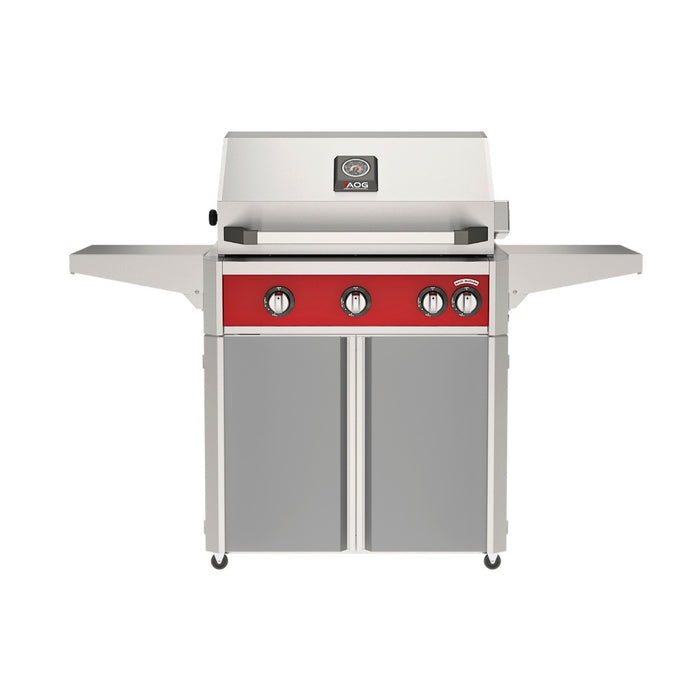 American Outdoor Grill 30" L-Series Portable Gas Grill with red accent and gray accent panel cart base, large analog thermometer and push-button electronic ignition with backlit comfort-touch control knobs.
